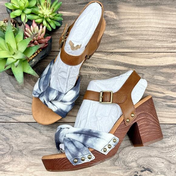 Korks Shoes - NEW Korks Kork Ease Natalia 7M Knot Clog Sandal Tan Blue Denim PU Tie Dye Combo